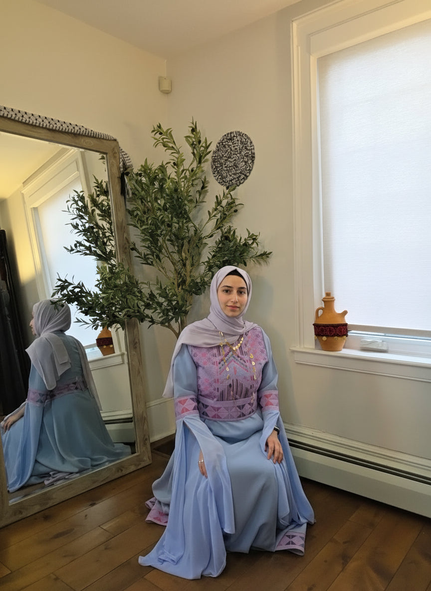 The Sara Thobe - Blue with Pink Tatreez With Extra Long Sleeve Modern Dress Thobe
