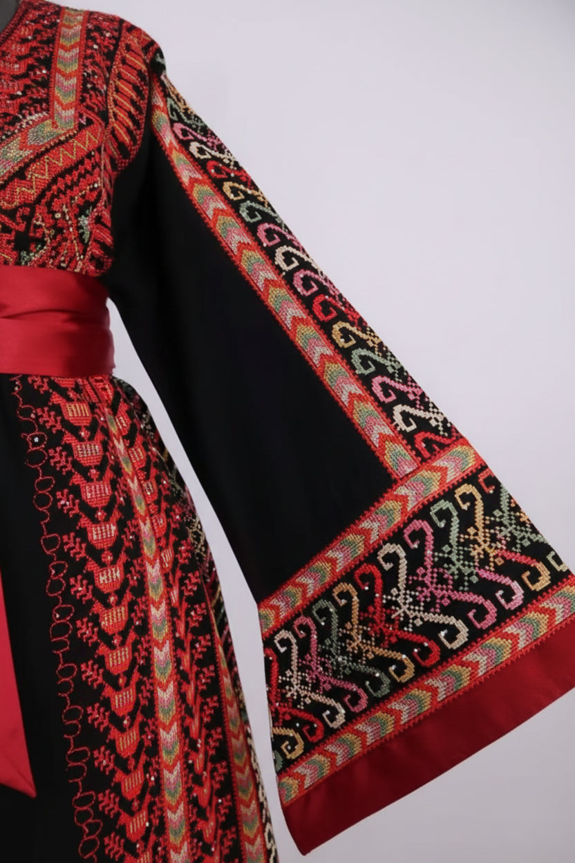 The Reema Thobe – Luxurious Black & Red Sparkle Full Tatreez Palestinian Embroidered Thobe