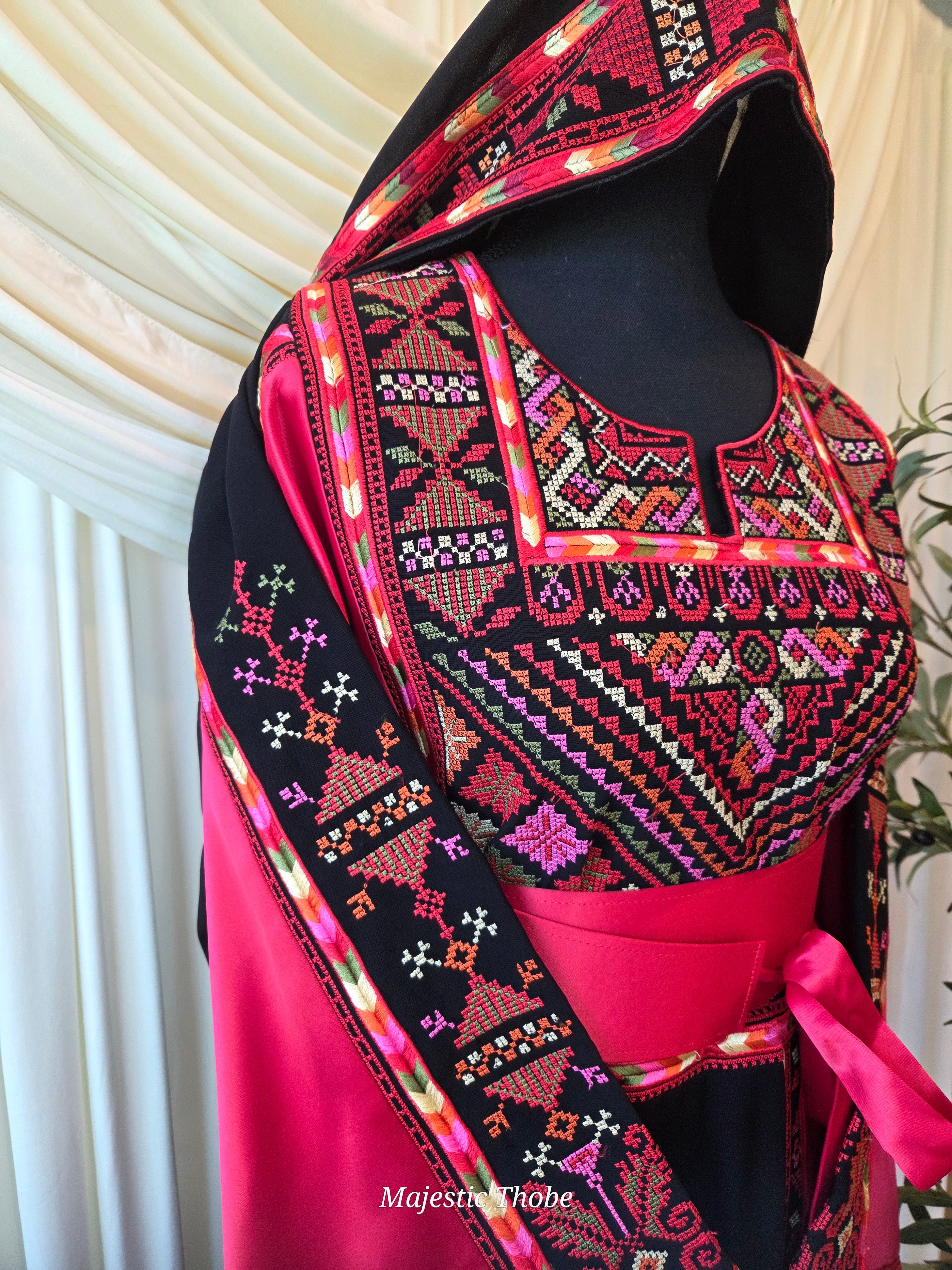 The Ella Thobe -  Black & Red Diamond Traditional Full Tatreez Back and Front Thobe With Matching Head Veil
