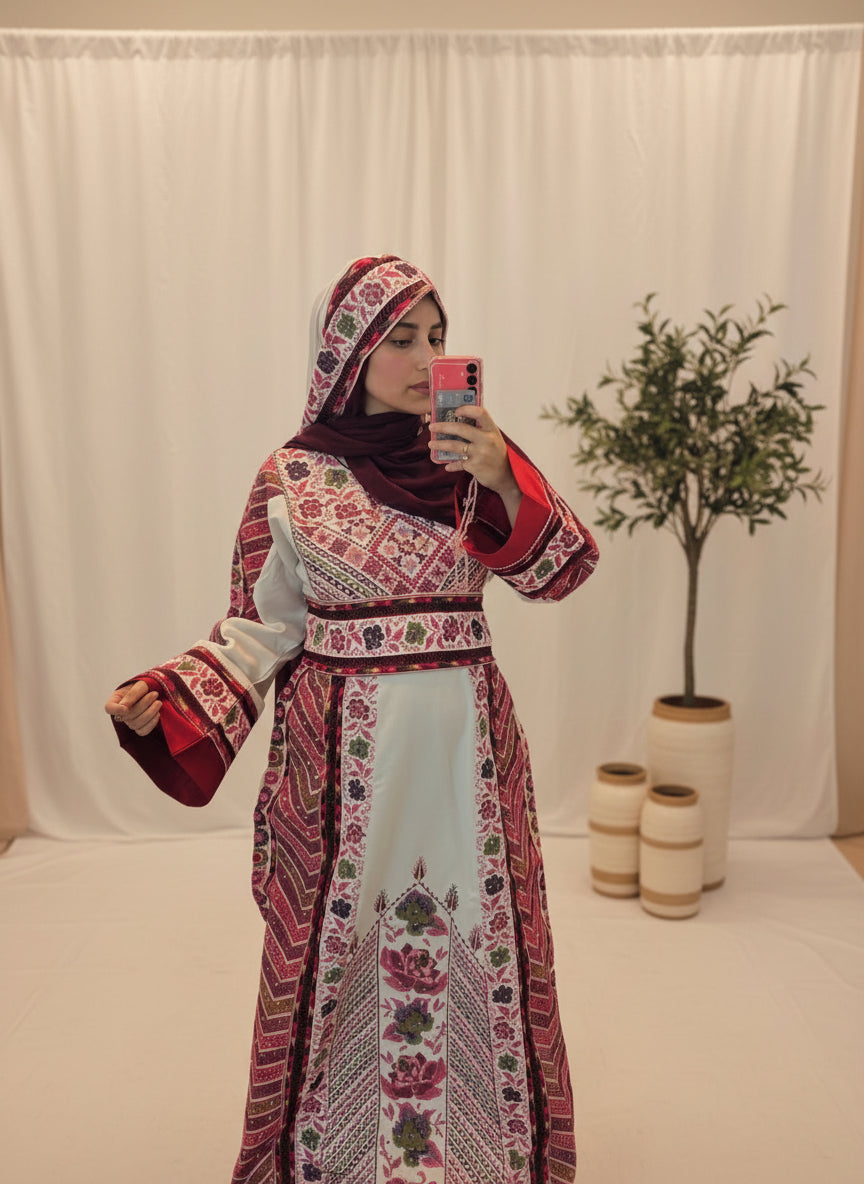 The Flora Thobe - Bridal Floral Traditional Full Tatreez back and front Thobe With Head Veil
