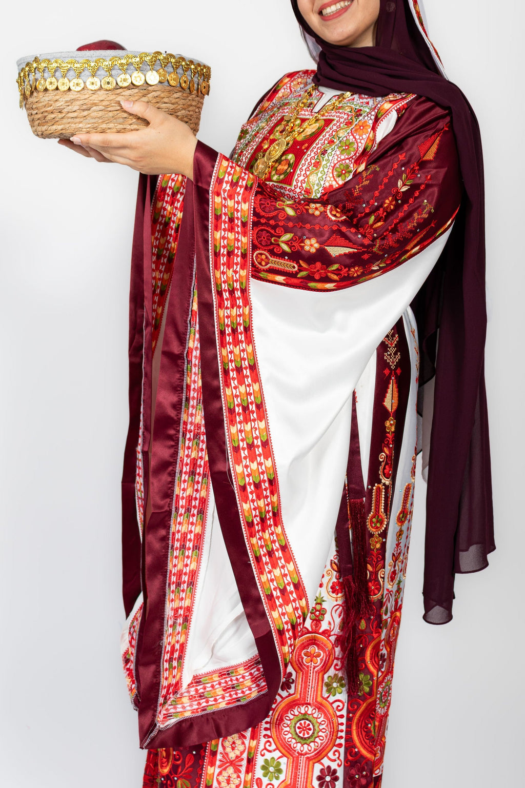 The Celine Thobe - Palestinian Embroidered White & Burgendy Thobe with Matching Head Veil, Belt & Extra Long Sleeves | Traditional Tatreez Dress