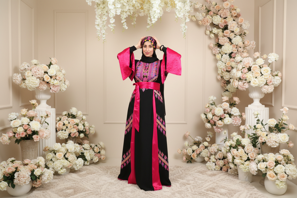 The Asia Thobe Black & Hot Pink Modern Full tatreez & Satin back and front Thobe With Matching head Veil