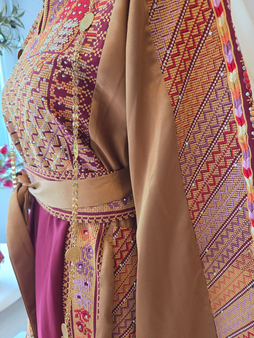 Naya Thobe - Burgundy and Gold Embroidered Tatreez Thobe with Matching Head Veil (Palestinian Thobe/ Dress)