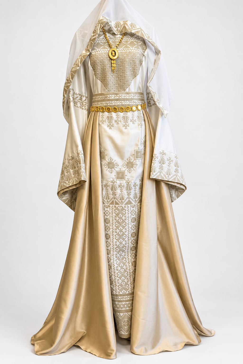 The Leen Thobe - Luxurious | Golden & White | Palestinian Tatreez Thobe/Dress
