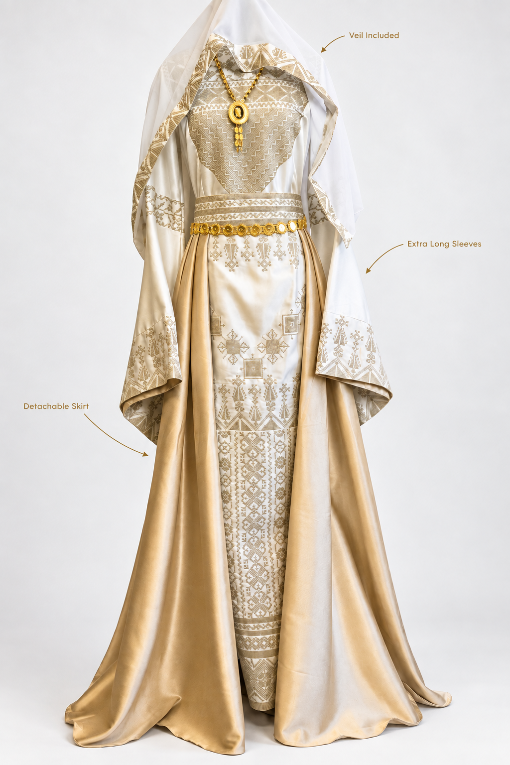 The Leen Thobe - Luxurious | Golden & White | Palestinian Tatreez Thobe/Dress