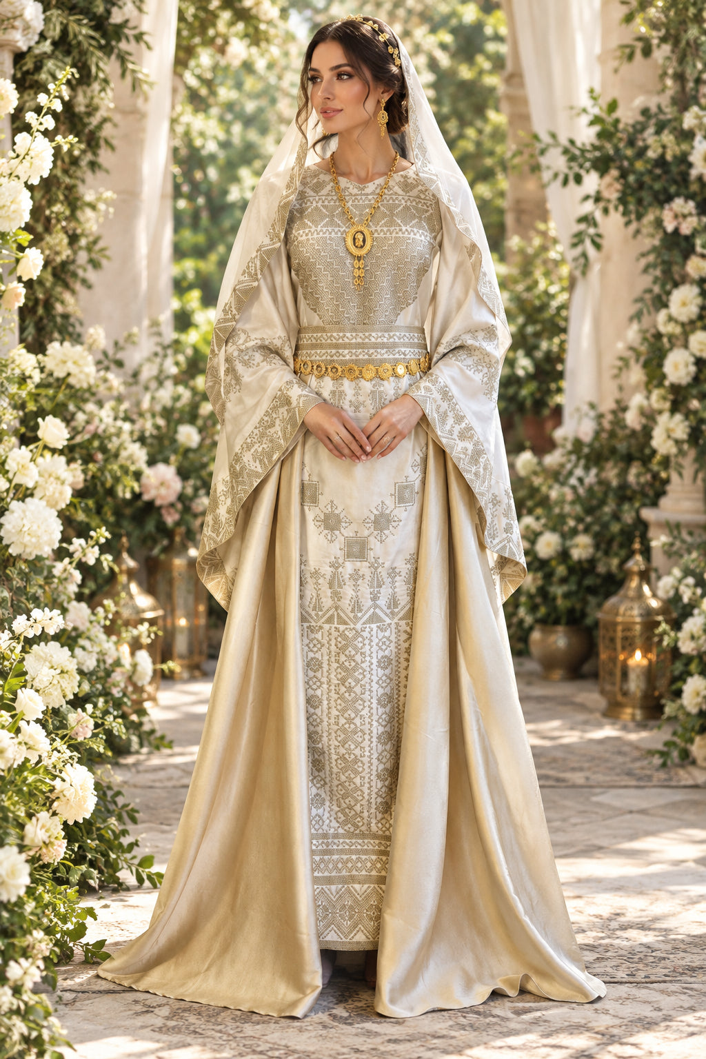 The Leen Thobe - Luxurious | Golden & White | Palestinian Tatreez Thobe/Dress
