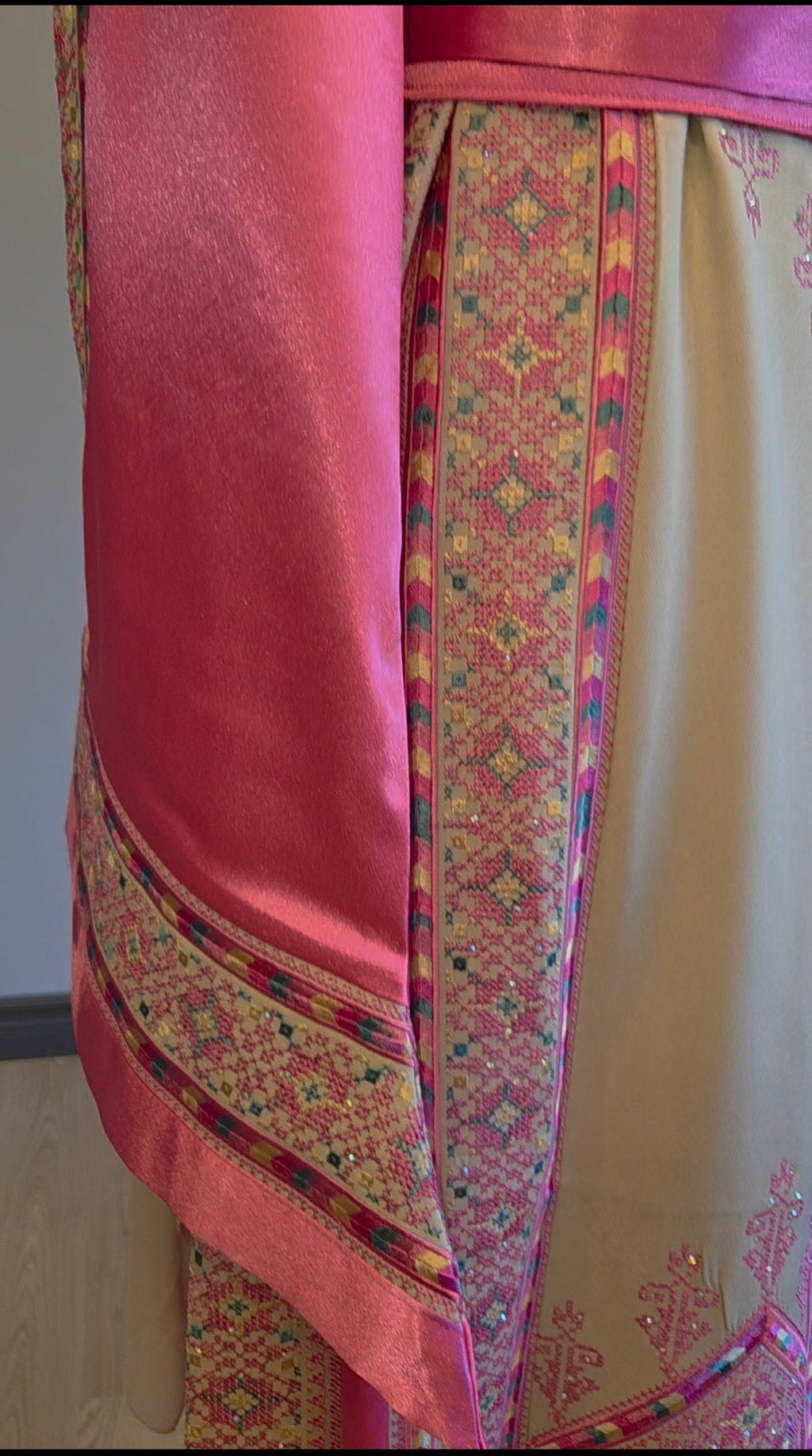 The Nabuls Thobe - Hot Pink and Beige Traditional Full Tatreez Back and Front Thobe