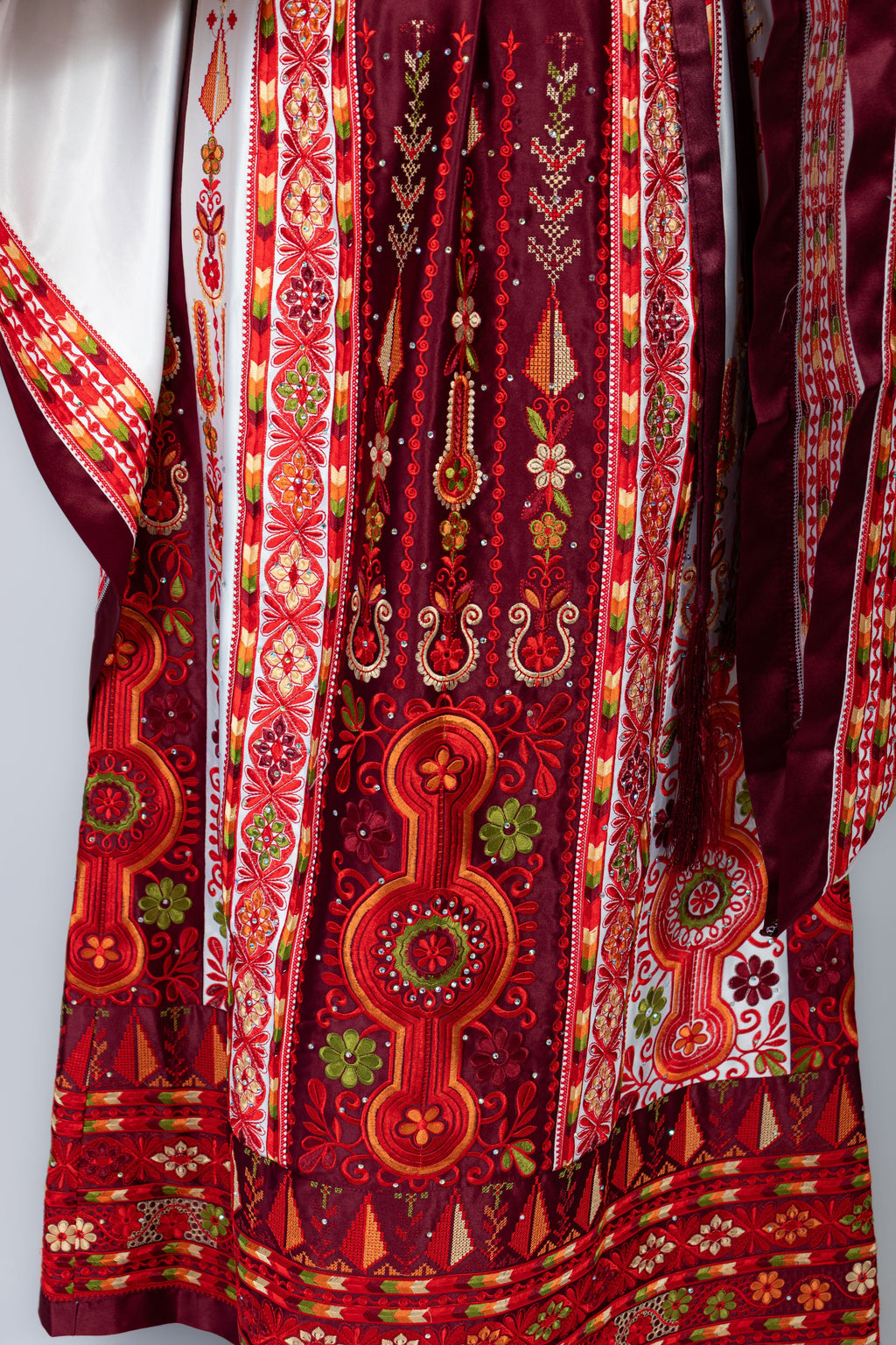 The Celine Thobe - Palestinian Embroidered White & Burgendy Thobe with Matching Head Veil, Belt & Extra Long Sleeves | Traditional Tatreez Dress