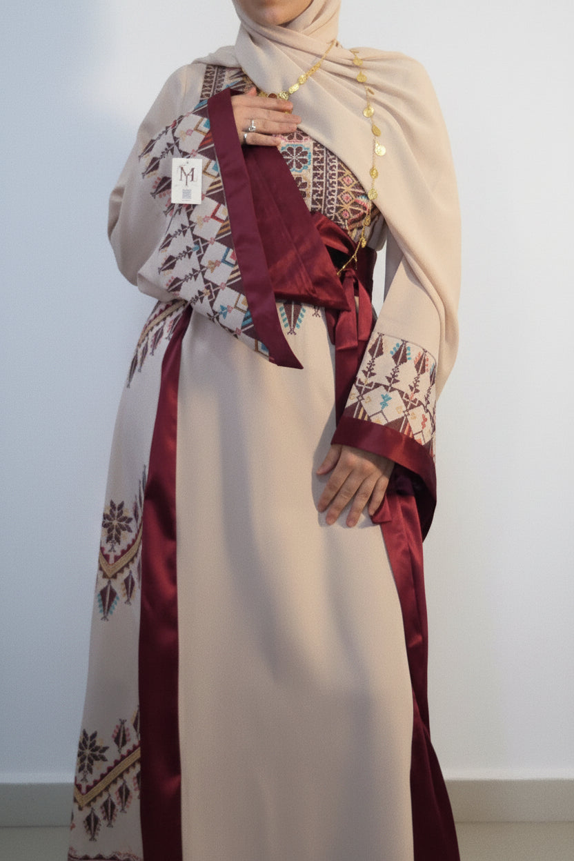 Asia Thobe Burgendy & Beige Modern Full tatreez & Satin back and front Thobe With Matching head Veil