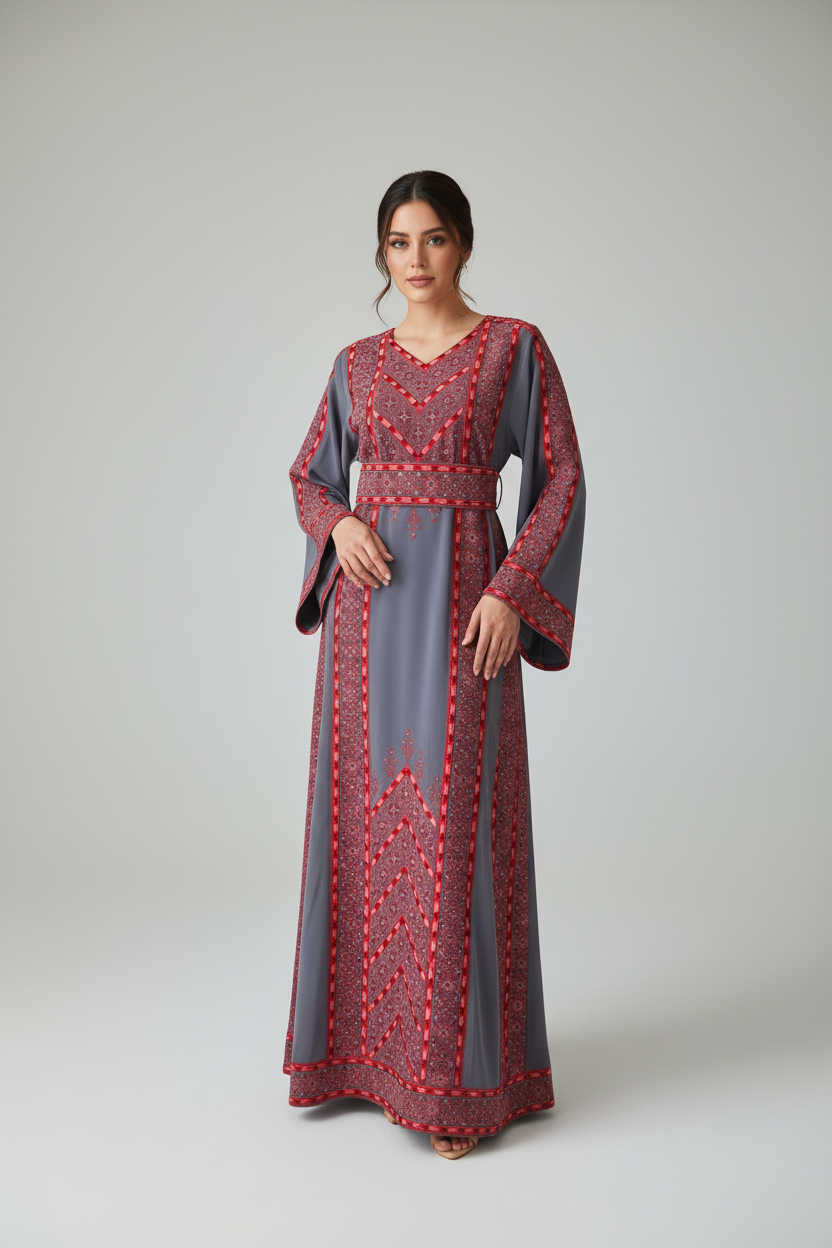 The Nablus Thobe - Orange & Grey Traditional Palestinian Full Tatreez Back and Front Thobe/ Dress