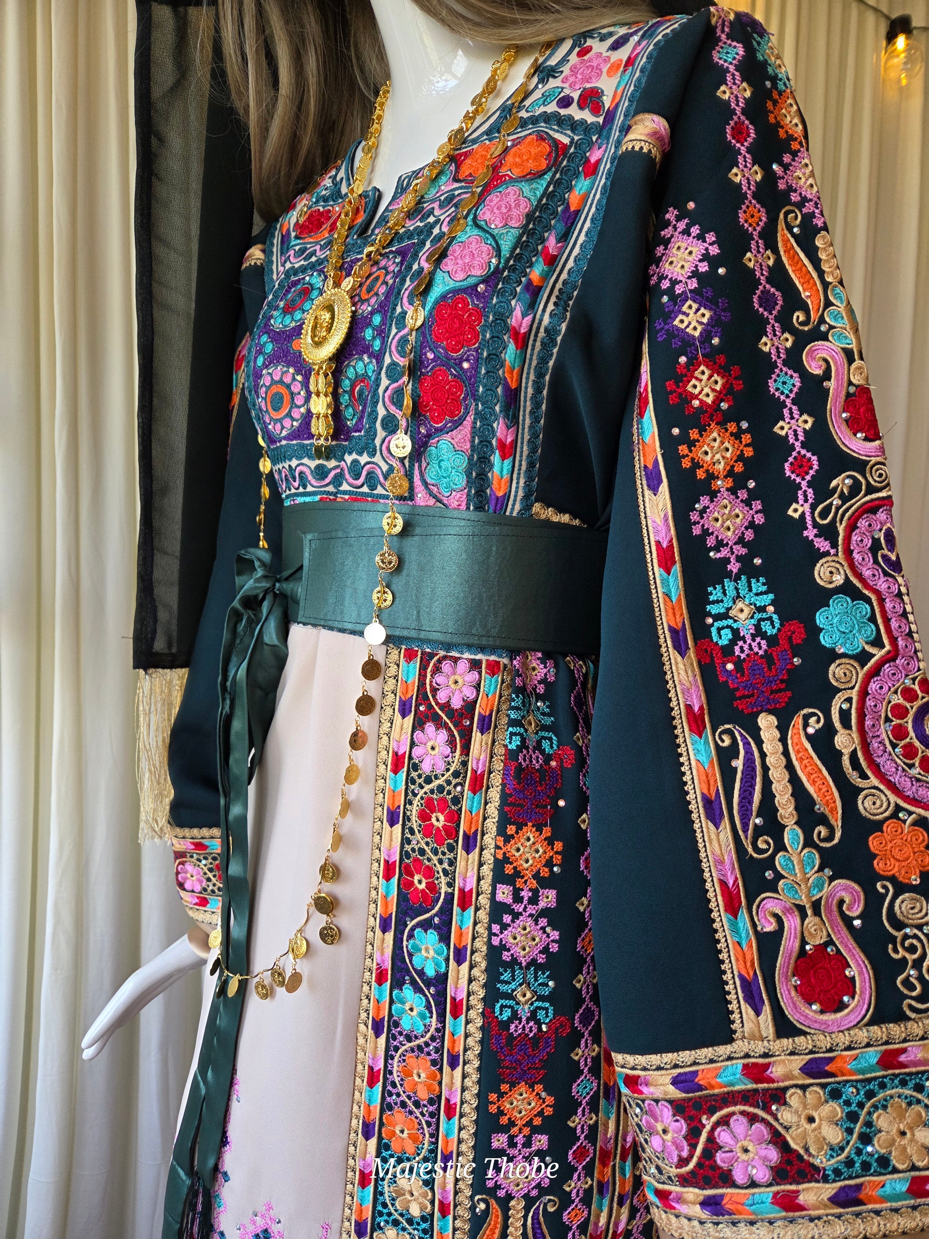 The Lujian Thobe - Green and Beige Diamond Traditional Full Tatreez Back and Front Thobe With Matching Head Veil