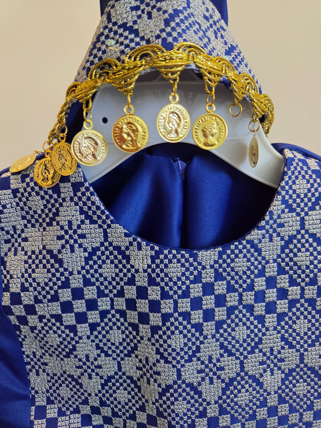 Kids Blue Long Sleeveless Full Embroidered Palestinian Thobe With Head Veil