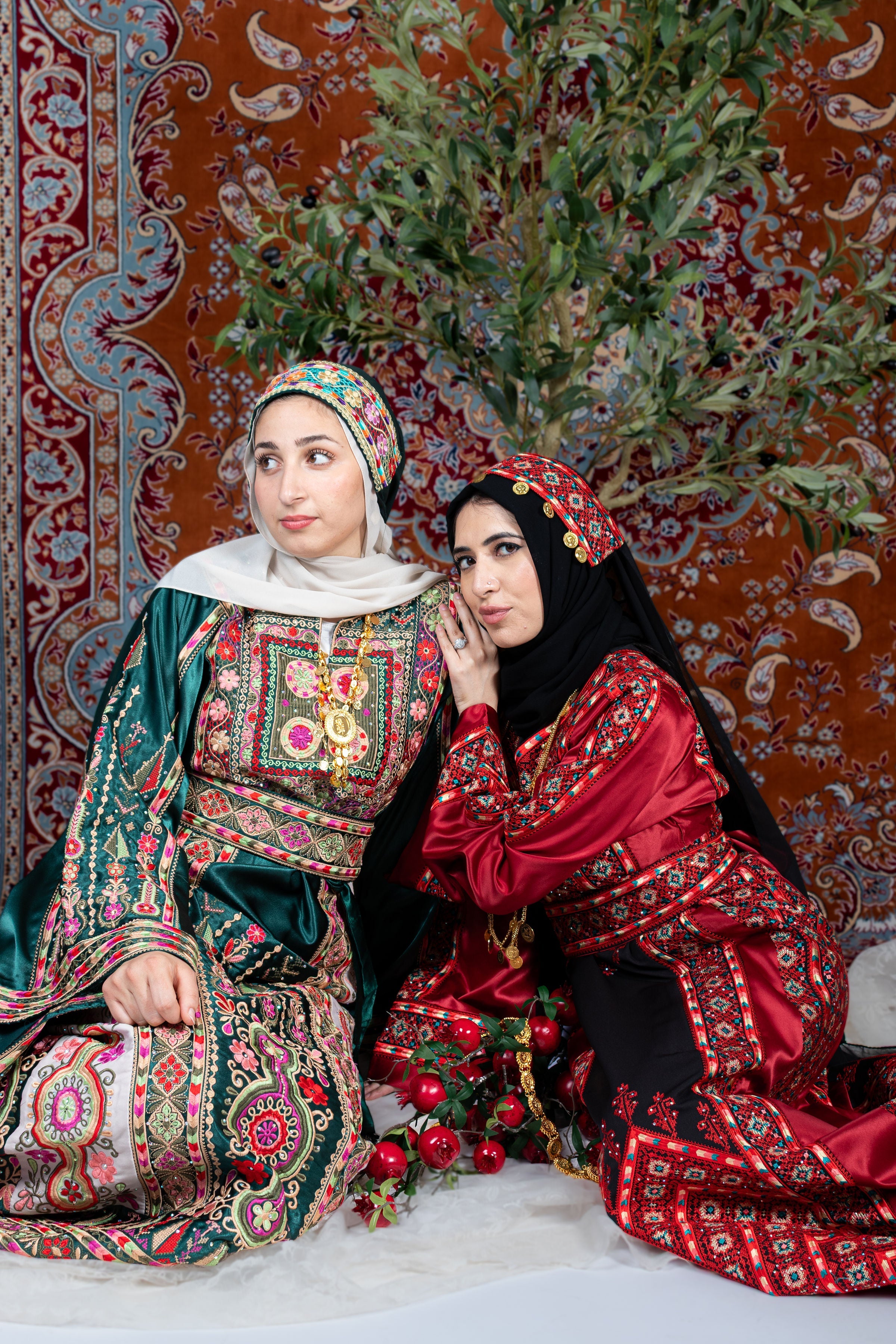 The Celine Thobe - Palestinian Embroidered White & Burgendy Thobe with Matching Head Veil, Belt & Extra Long Sleeves | Traditional Tatreez Dress