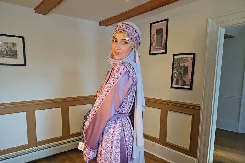 The Nabuls Thobe - Lilac and Beige Traditional Full Tatreez Thobe ( No veil)