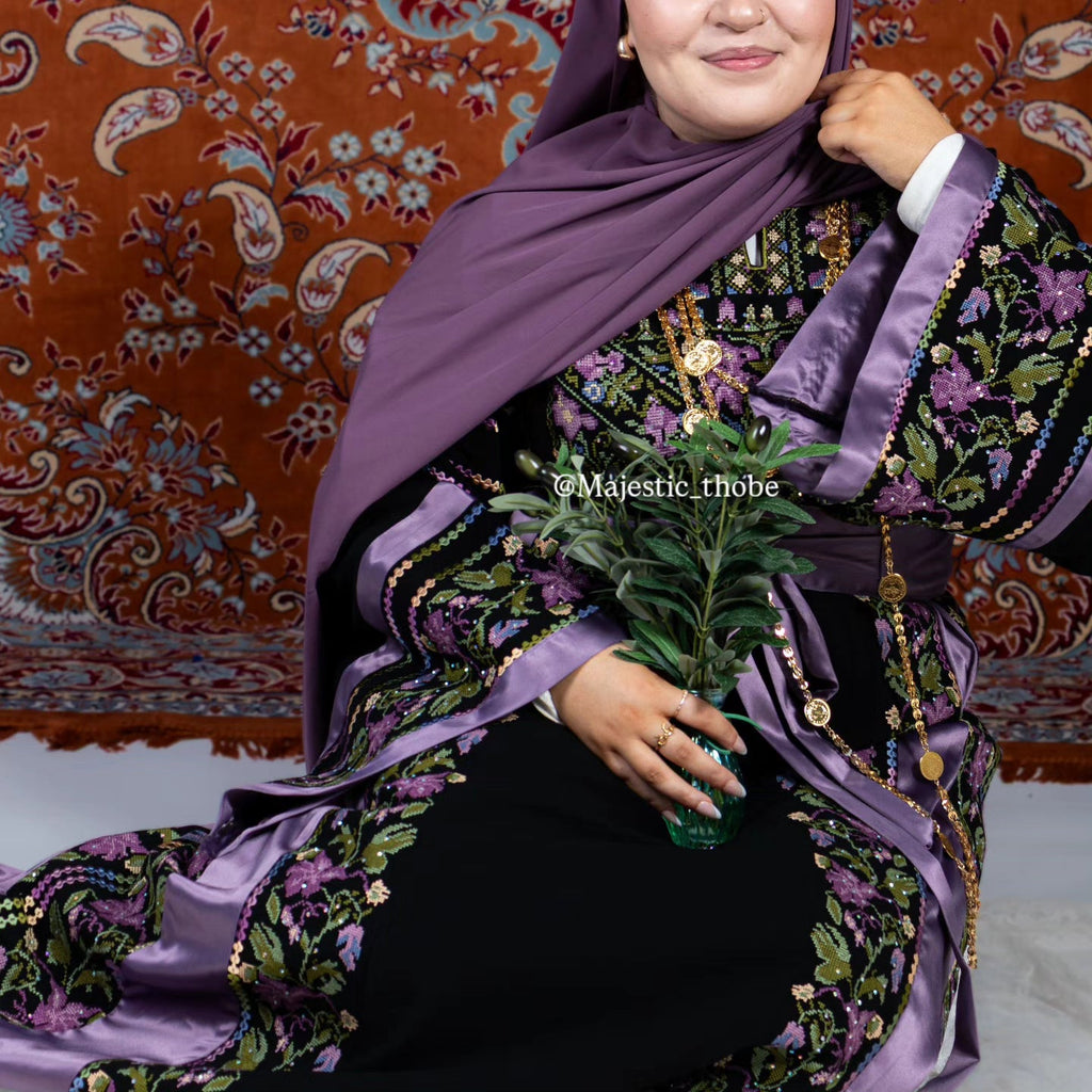 The Lelia Thobe - Purple & Black Diamond Traditional Full Tatreez Back and Front Thobe
