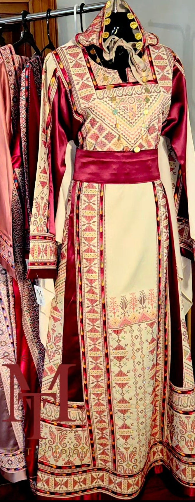 The Ella Thobe - Bridal Diamond Traditional Full Tatreez Back and Front Thobe With Matching Head Veil