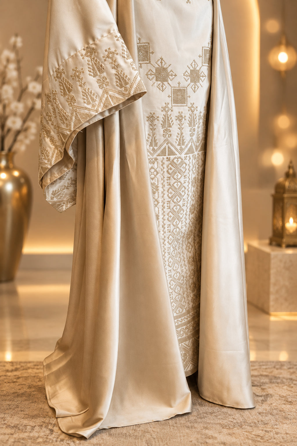 The Leen Thobe - Luxurious | Golden & White | Palestinian Tatreez Thobe/Dress