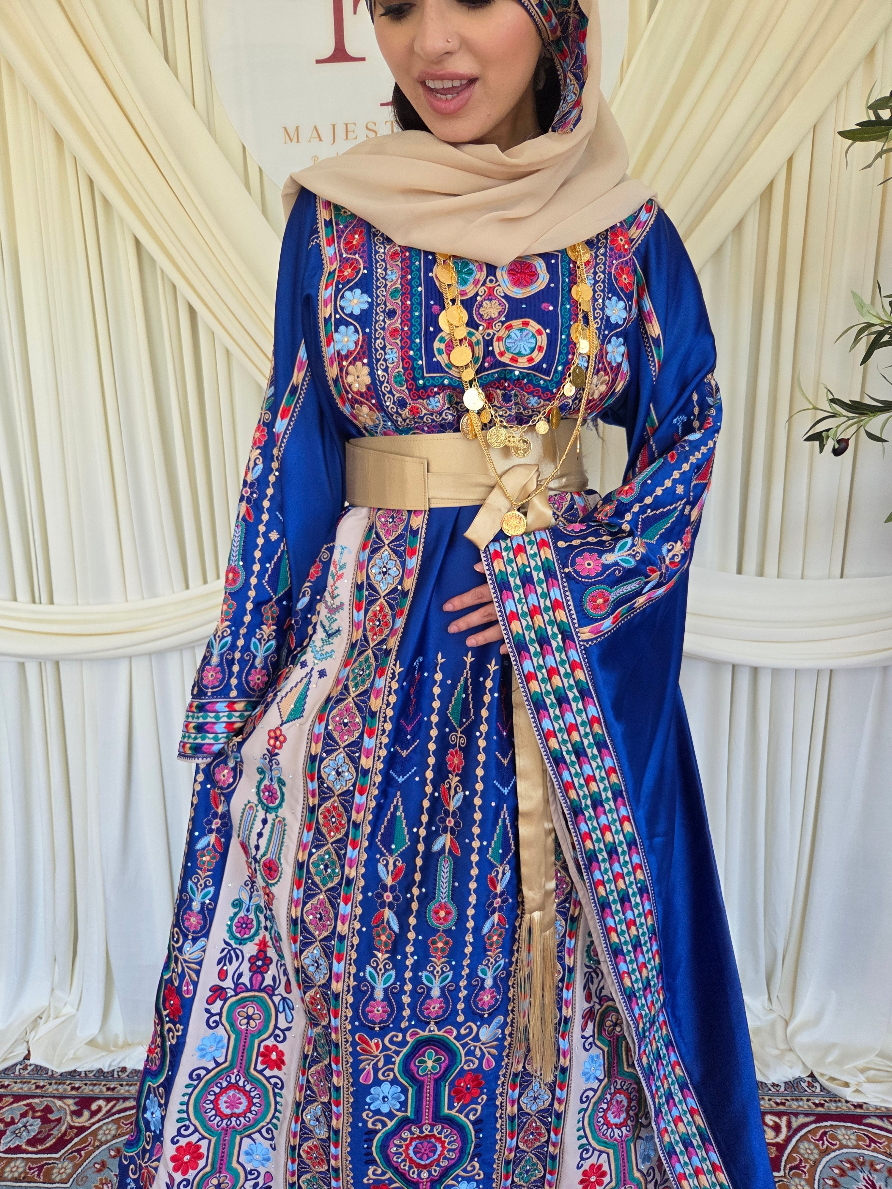 The Celine Thobe - Palestinian Embroidered Blue & Golden Thobe with Matching Head Veil, Belt & Extra Long Sleeves | Traditional Tatreez Dress