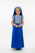 Kids Blue Long Sleeveless Full Embroidered Palestinian Thobe With Head Veil