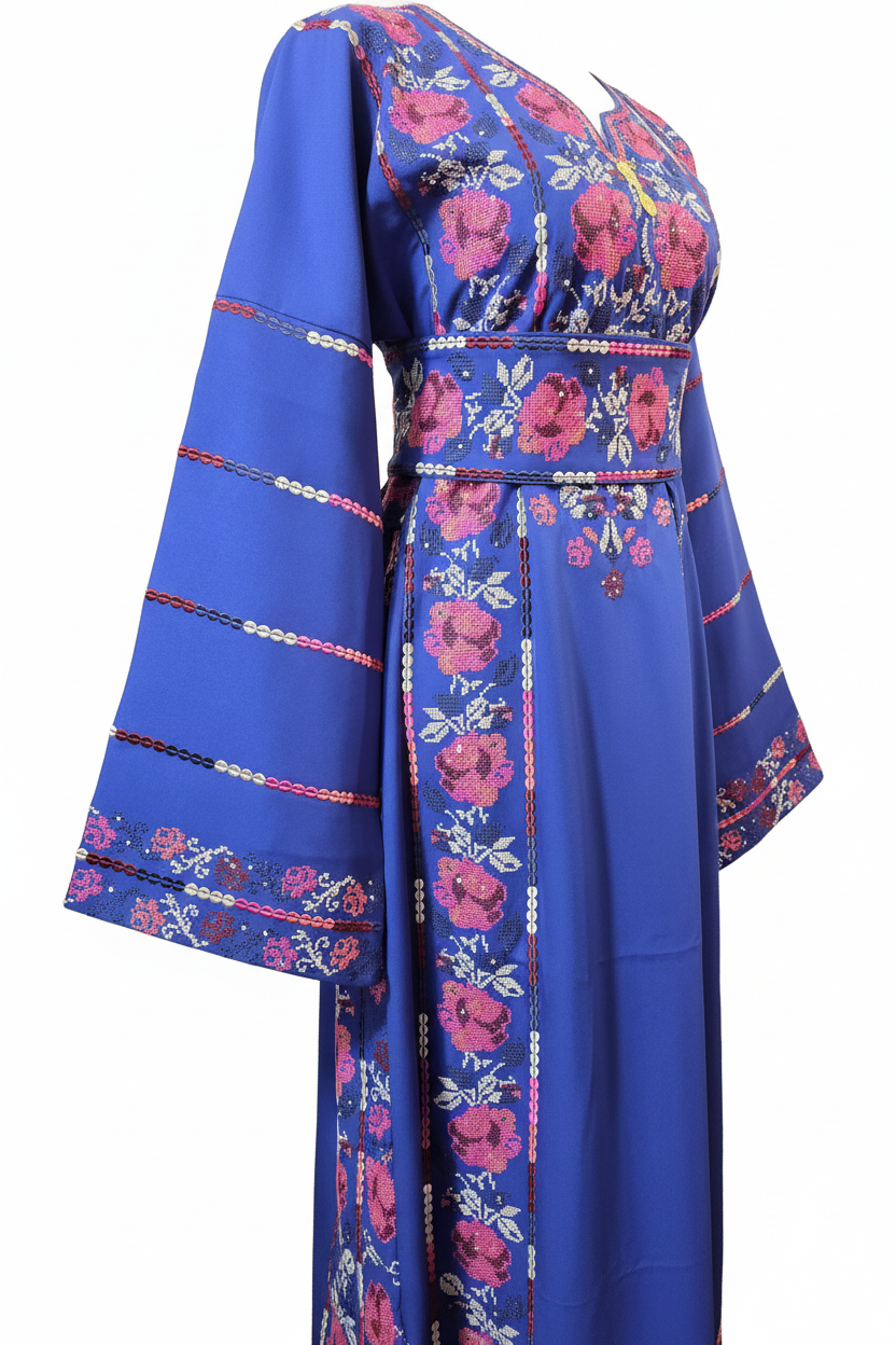 Warda Thobe - Full Blue Traditional Full Tatreez Back and Front With Satin Thobe
