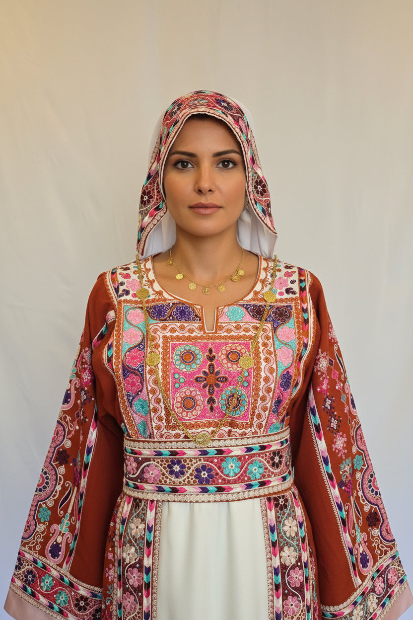 The Lujian Thobe - Luxurious | Orange With Pink & White | Palestinian Tatreez Thobe/Dress