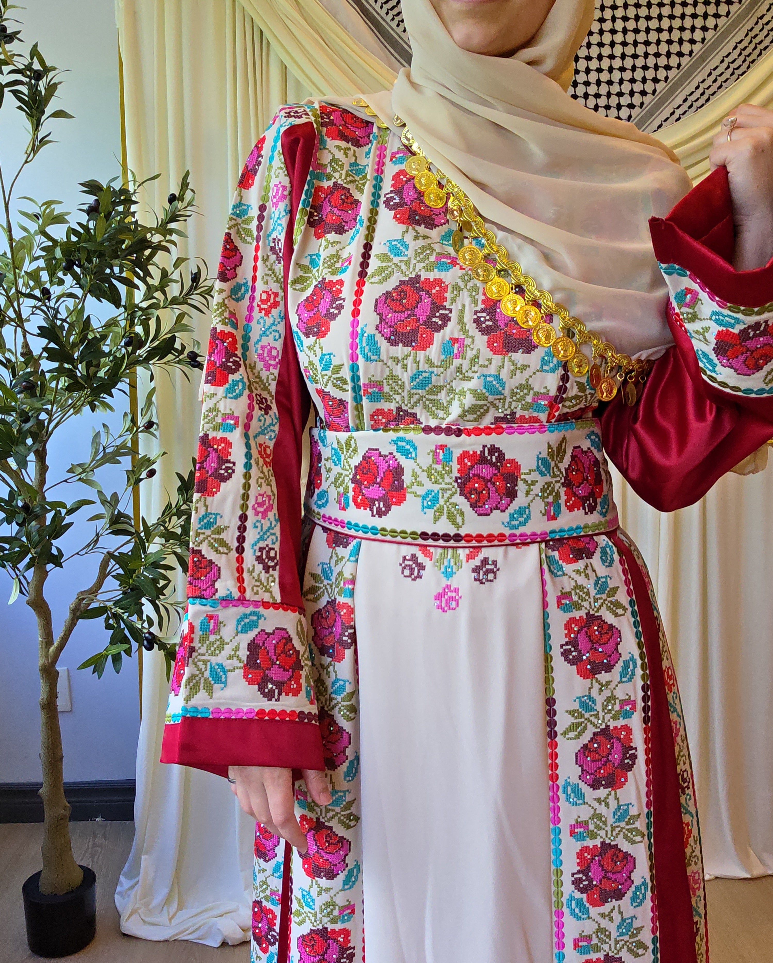 The Warda Thobe - Burgundy Traditional Full Tatreez Back and Front With Satin Thobe